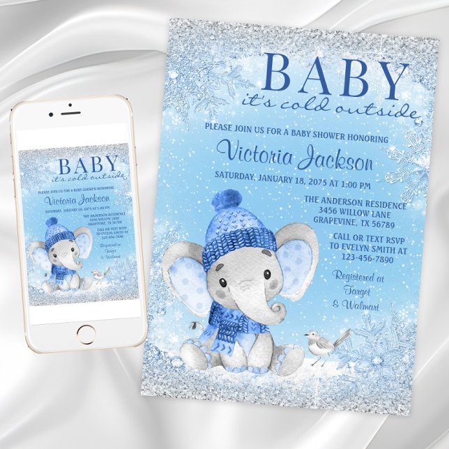 Boy Elephant Baby its Cold Outside Baby Shower Invitation (Boy winter wonderland baby shower invitation with cute winter elephant on a snowflake background.)