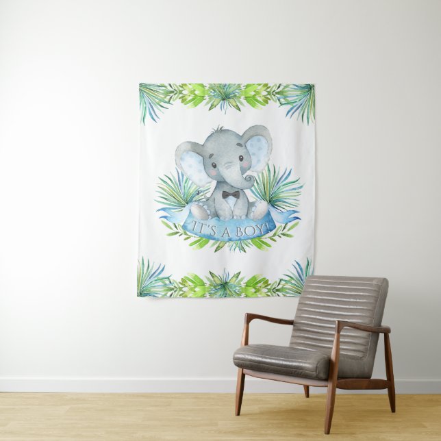 Boy Elephant Baby Shower Backdrop Tapestry (In Situ)