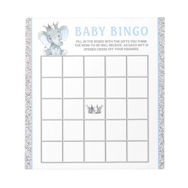 Boy Elephant Baby Shower Bingo Game Cards Notepad (Front)
