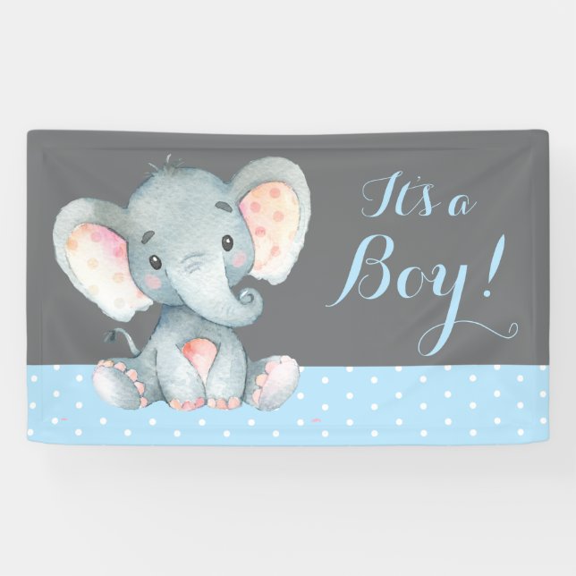Boy Elephant Baby Shower Blue and Grey Banner (Horizontal)