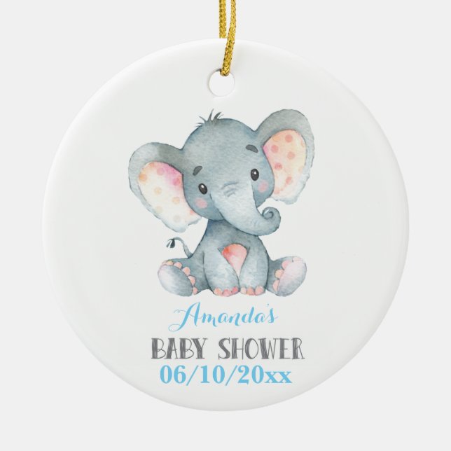 Boy Elephant Baby Shower Blue and Grey Ceramic Ornament (Front)
