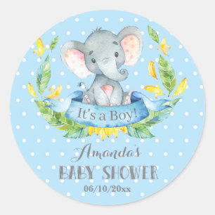 Boy Elephant Baby Shower Blue and Grey Classic Round Sticker