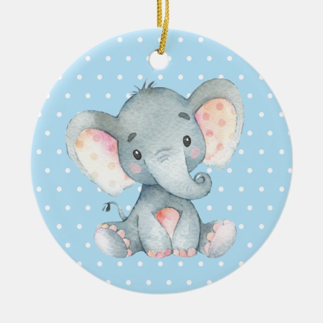 Boy Elephant Baby Shower Blue Ceramic Ornament (Front)