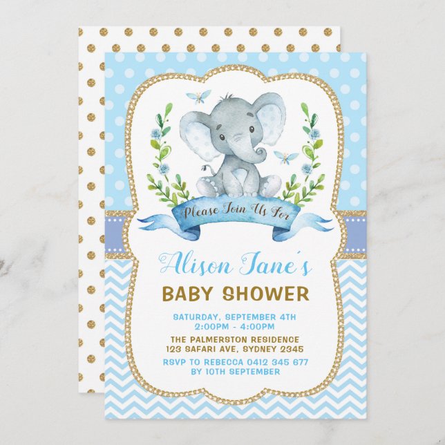 Boy Elephant Baby Shower Blue & Gold Invite (Front/Back)
