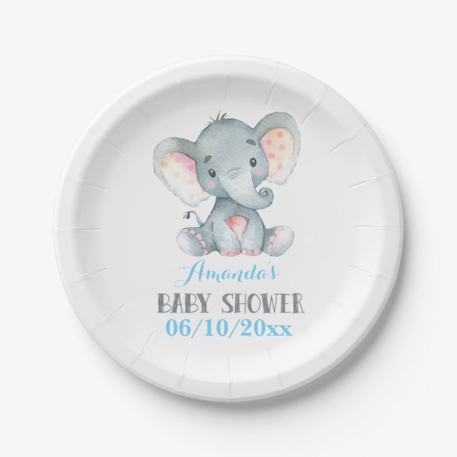 Boy Elephant Baby Shower Blue Paper Plate (Front)