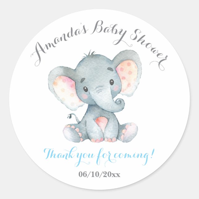 Boy Elephant Baby Shower Blue Thank You Favour Classic Round Sticker (Front)
