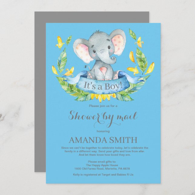 Boy Elephant Baby Shower by Mail Invitation (Front/Back)