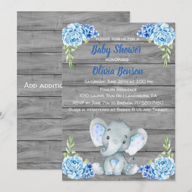Boy Elephant Baby Shower Invitation (Front/Back)