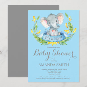 Boy Elephant Baby Shower Invitation Blue and Grey