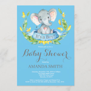 Boy Elephant Baby Shower Invitation Blue and Grey