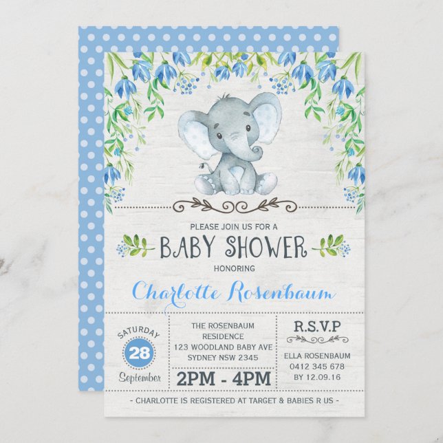 Boy Elephant Baby Shower Invitation Blue Floral (Front/Back)