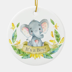 Boy Elephant Baby Shower Yellow Ceramic Ornament