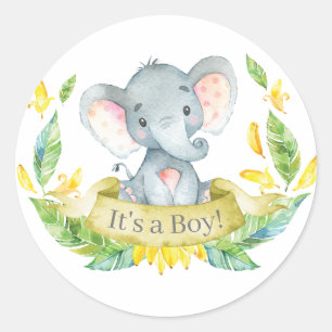 Boy Elephant Baby Shower Yellow Classic Round Sticker