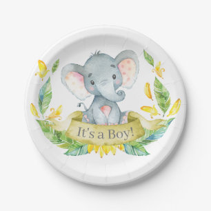 Boy Elephant Baby Shower Yellow Paper Plate