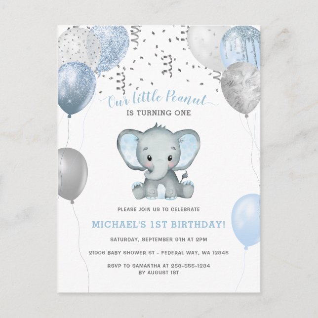 Boy Elephant  Balloons 1st Birthday Postcard (Front)