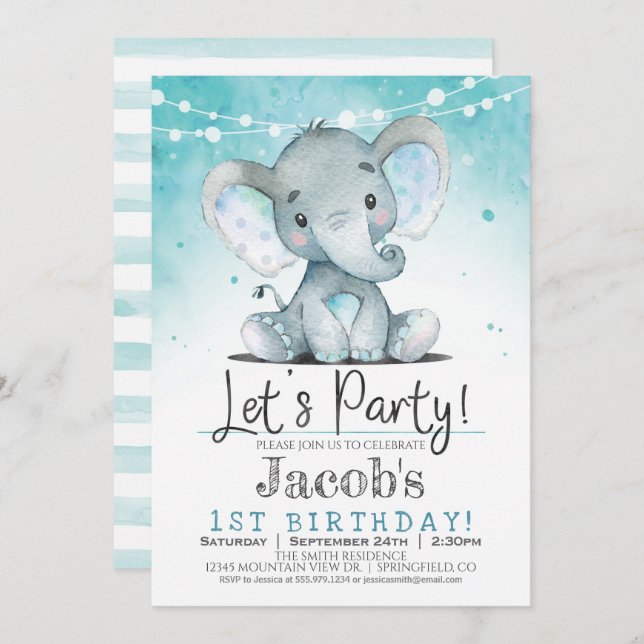 Boy Elephant Birthday Party Invitation (Front/Back)