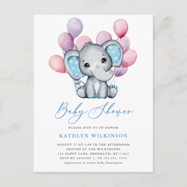 Boy Elephant Blue Balloon Script Cute Baby Shower Invitation Postcard (Front)