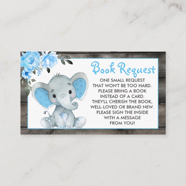 Boy Elephant book request card ticket rustic flora (Front)