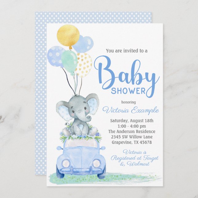 Boy Elephant Car Baby Shower Invitation (Front/Back)