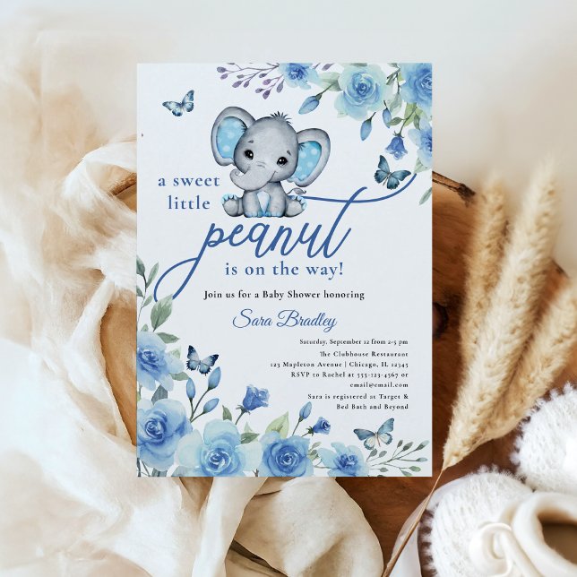Boy Elephant Dusty Blue Roses Baby Shower Invitation (A Sweet Little Peanut Boy Elephant Baby Shower Invitation | Dusty Blue Rose & Butterfly Theme)