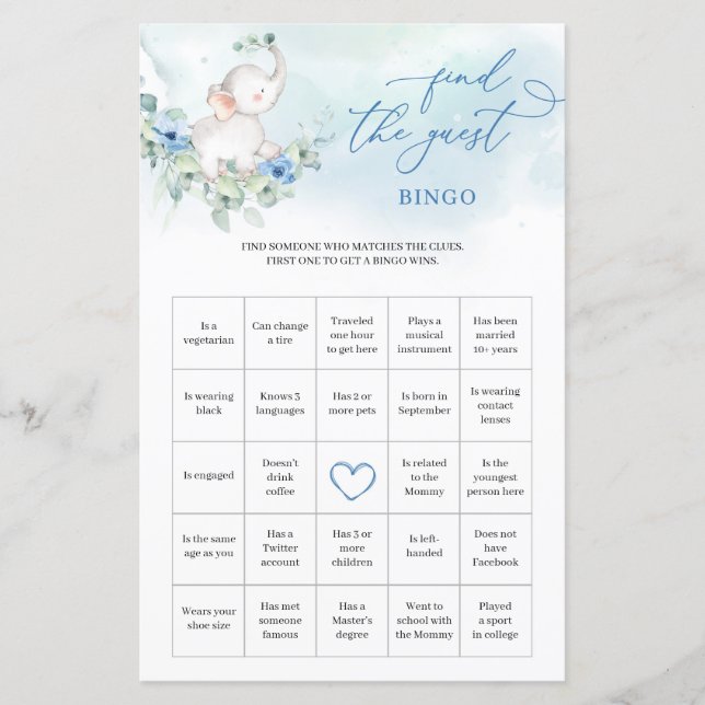 Boy Elephant Eucalyptus Find The Guest Bingo game (Front)