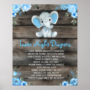 Boy Elephant Late Night Diapers Baby Shower Game Poster