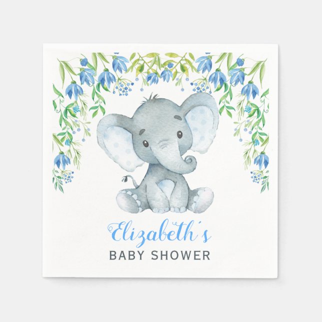 Boy Elephant Paper Napkin Blue Floral Baby Shower (Front)