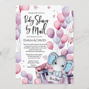 Boy Elephant Pink Balloons Baby Shower by Mail Invitation