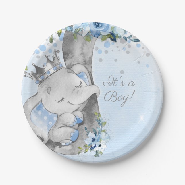Boy Elephant Prince Baby Shower Paper Plate (Front)