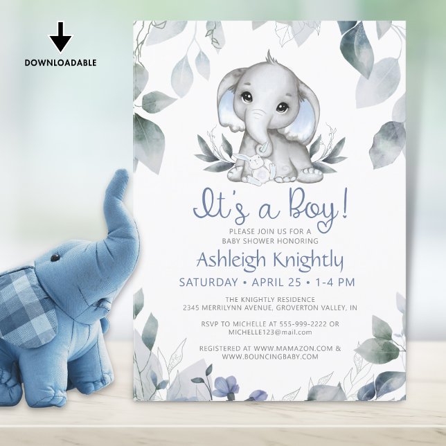 Boy Elephant Watercolor Greenery Baby Shower Invitation (Creator Uploaded)