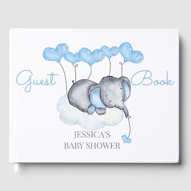 Boy Elephant White and Blue Baby Shower Guest Book (Front)
