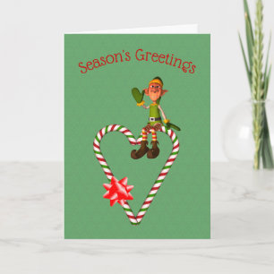 Boy Elf Candy Cane Heart Holiday Christmas Card