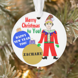Boy Elf Christmas NAME Blue Gold Ornaments