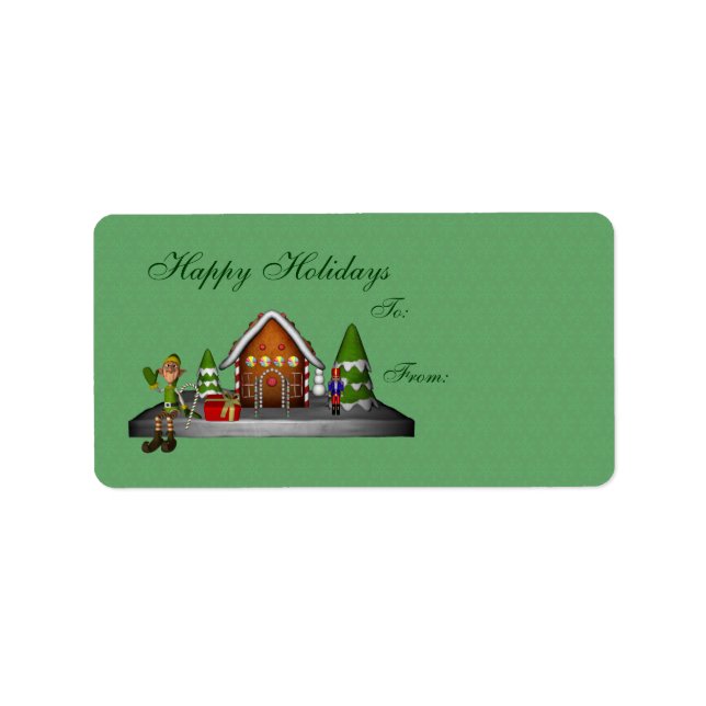 Boy Elf Gingerbread House Holiday Gift Tag (Front)