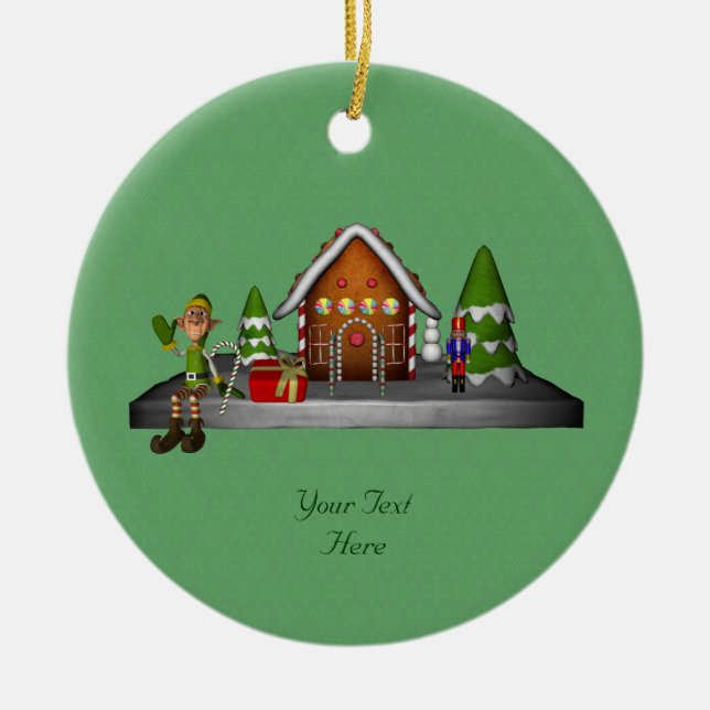 Boy Elf Gingerbread House Holiday Ornament (Front)