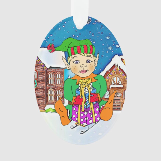 Boy Elf Whimsical Personalised  Christmas Ornament (Front)