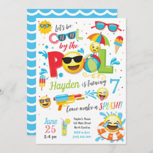 Boy Emoji Pool Party Invitation, Summer Birthday Invitation