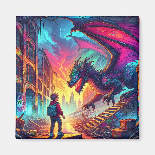 Boy Encounters a Dragon in a Dystopian World Magnet (Front)