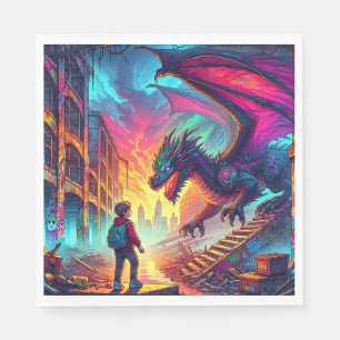 Boy Encounters a Dragon in a Dystopian World Napkin