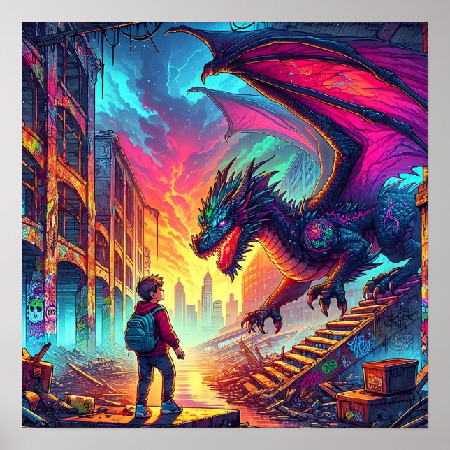 Boy Encounters a Dragon in a Dystopian World Poster (Front)