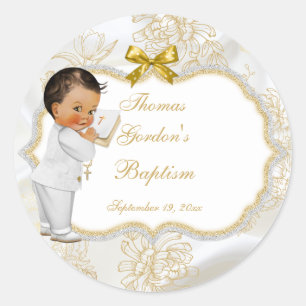Boy Ethnic Baptism Communion Bible Cross Classic Round Sticker