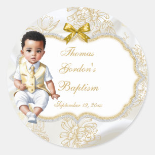 Boy Ethnic Baptism Communion White & Gold Classic Round Sticker