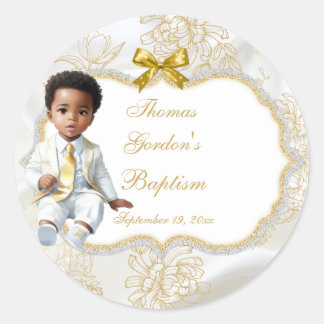 Boy Ethnic Baptism Communion White & Gold Classic Round Sticker
