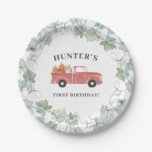 Boy Fall Birthday Red Truck and Pumpkins Paper Plate (Front)