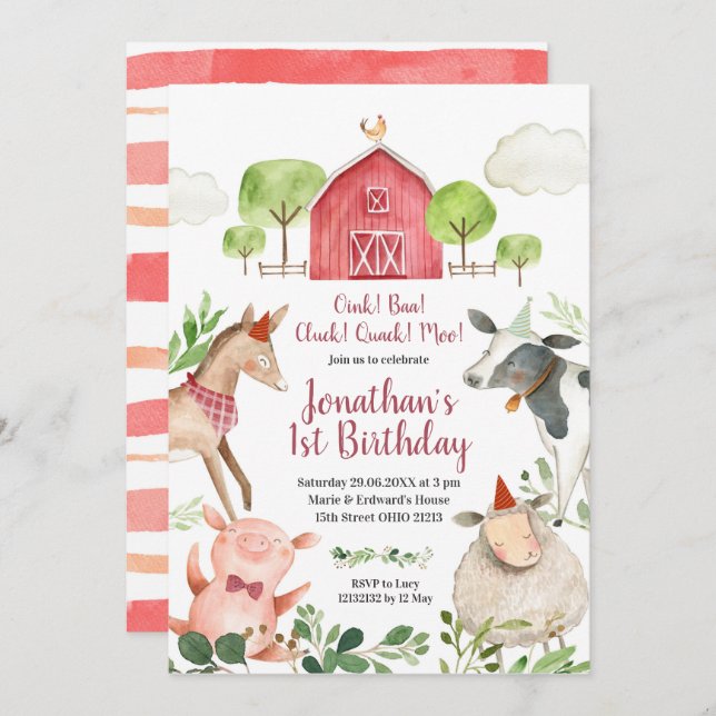 Boy Farm Animals Barnyard Birthday Invitation (Front/Back)