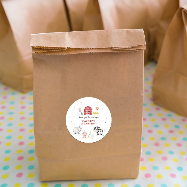 Boy Farm Animals Red Birthday  Classic Round Sticker (Creator Uploaded)