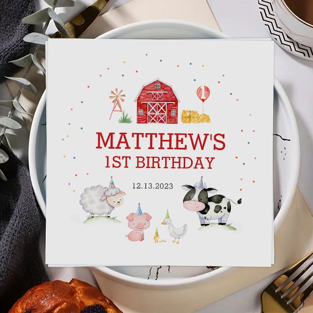 Boy Farm Animals Red Birthday  Napkin (Creator Uploaded)