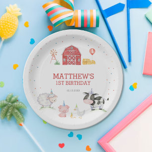 Boy Farm Animals Red Birthday Paper Plate