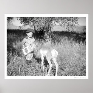 Boy feeding antelope by hand poster