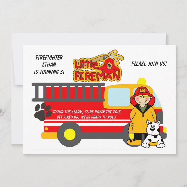 Boy Firefighter Fire Truck Birthday Invitation (Front)